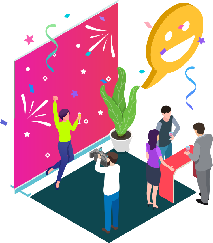 Schaubild Firmenenvents: Feiernde Menschen vor einer Messewand, jemand mit einer Videokamera filmt